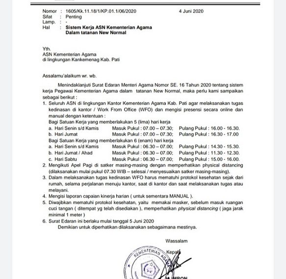 Terapkan New Normal, Kemenag Pati Berlakukan Sistem Kerja WFO untuk Pegawai