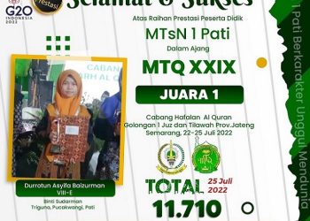 Siswi MTsN 1 Pati Gondol Juara 1 MTQ XXIX Tingkat Jawa Tengah